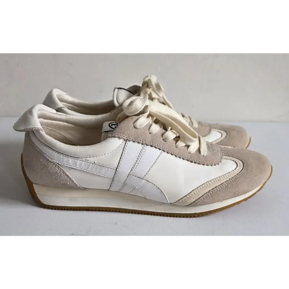 Tory Burch Hank Logo Leather Suede Lace Up Sneakers White Beige Size 10